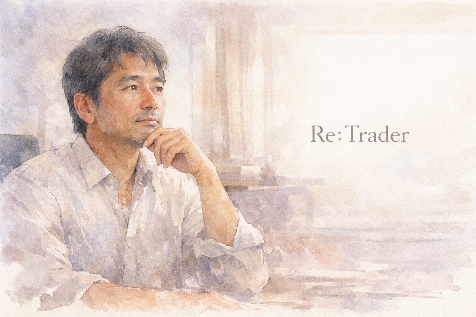 静かな思索の時間を過ごす日本人の大人を描いた、水彩画調のビジュアル。 柔らかな自然光の中で、少し視線を外しながら佇む姿が、落ち着きと知性、内省的な雰囲気を伝えている。 淡いパステルカラーで統一された穏やかな画面構成の中に、「Re: Trader」の文字が控えめに配置されている。