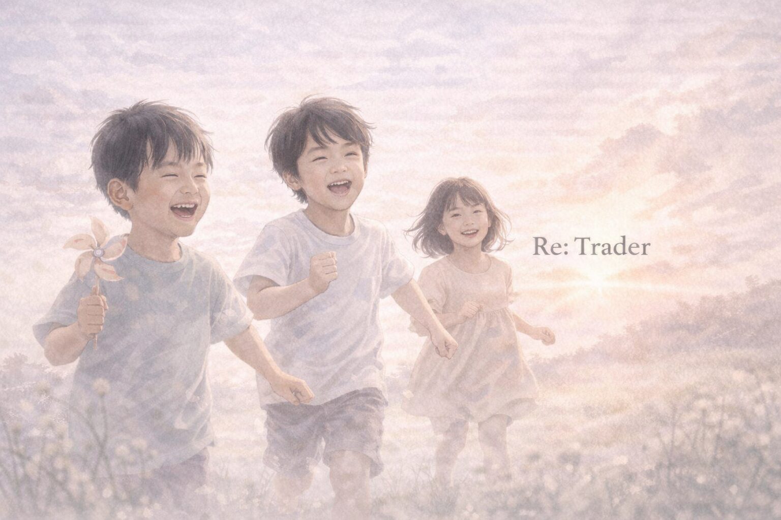 柔らかな水彩調で描かれた横長のビジュアル。 日本の子どもたちが屋外で無邪気に遊んでおり、笑顔や動きのある姿が自然光の中で表現されている。 全体は淡いパステルカラーで統一され、穏やかで希望を感じさせる雰囲気。 画面の余白に、控えめなセリフ体で「Re: Trader」の文字が配置されている。